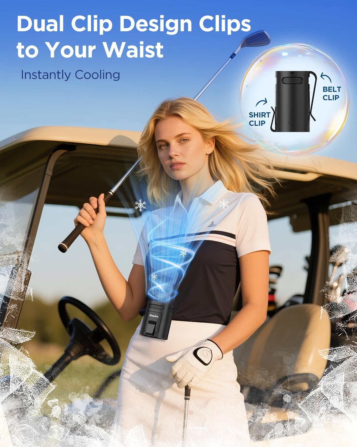 EasyAcc Portable Waist Fan, 4-in-1 Wearable Personal Fan with Dual Clip, Neck Fan & Desk Fan, 4 Speeds Powerful Turbo Airflow, Rechargeable USB-C Belt Fan for Outdoor Work, Camping, Travel