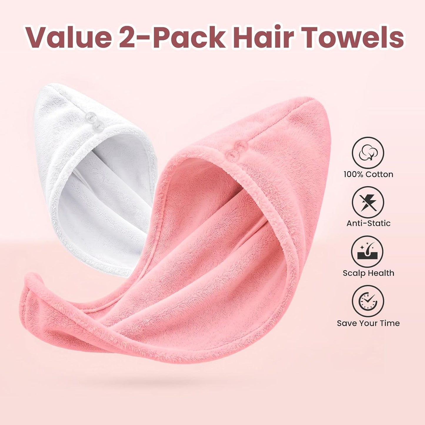 Mandydov 100% Cotton Hair Towel Wrap for Women, 2 Pack Thickened & Super Absorbent Turbans, Anti Frizz Quick Dry Hair Towels (Blue, Pink Blush)