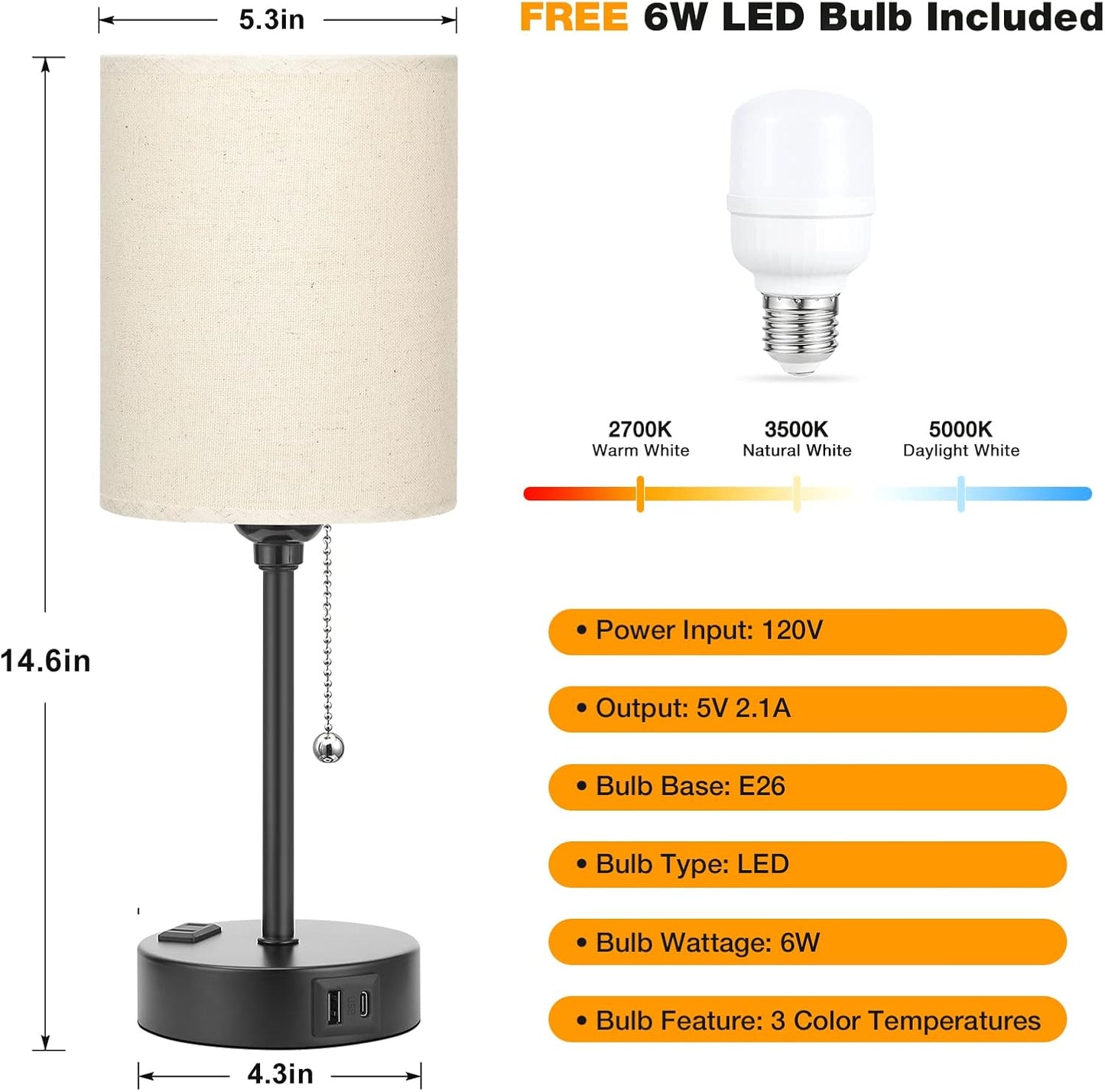 Small Bedside Table lamp for Bedroom - 3 Color Temperatures Bedside Lamps with USB C and A Ports, Pull Chain Table Lamps with AC Outlet, White Nightstand Lamps with Black Metal Base for Kids Reading