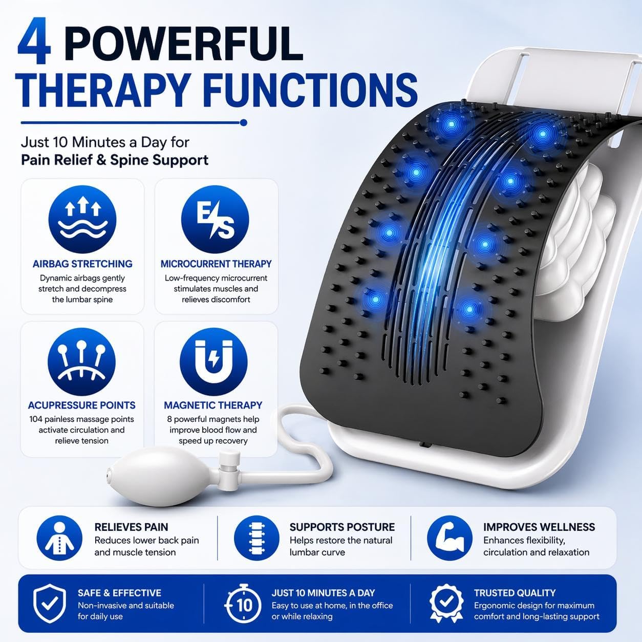 BREEV® Back Stretcher with EMS Electric Pulse Massage, Lumbar Support for Lower Back Pain Relief, Adjustable Spine Decompression Device, 108 Acupressure Nodes & Remote Control