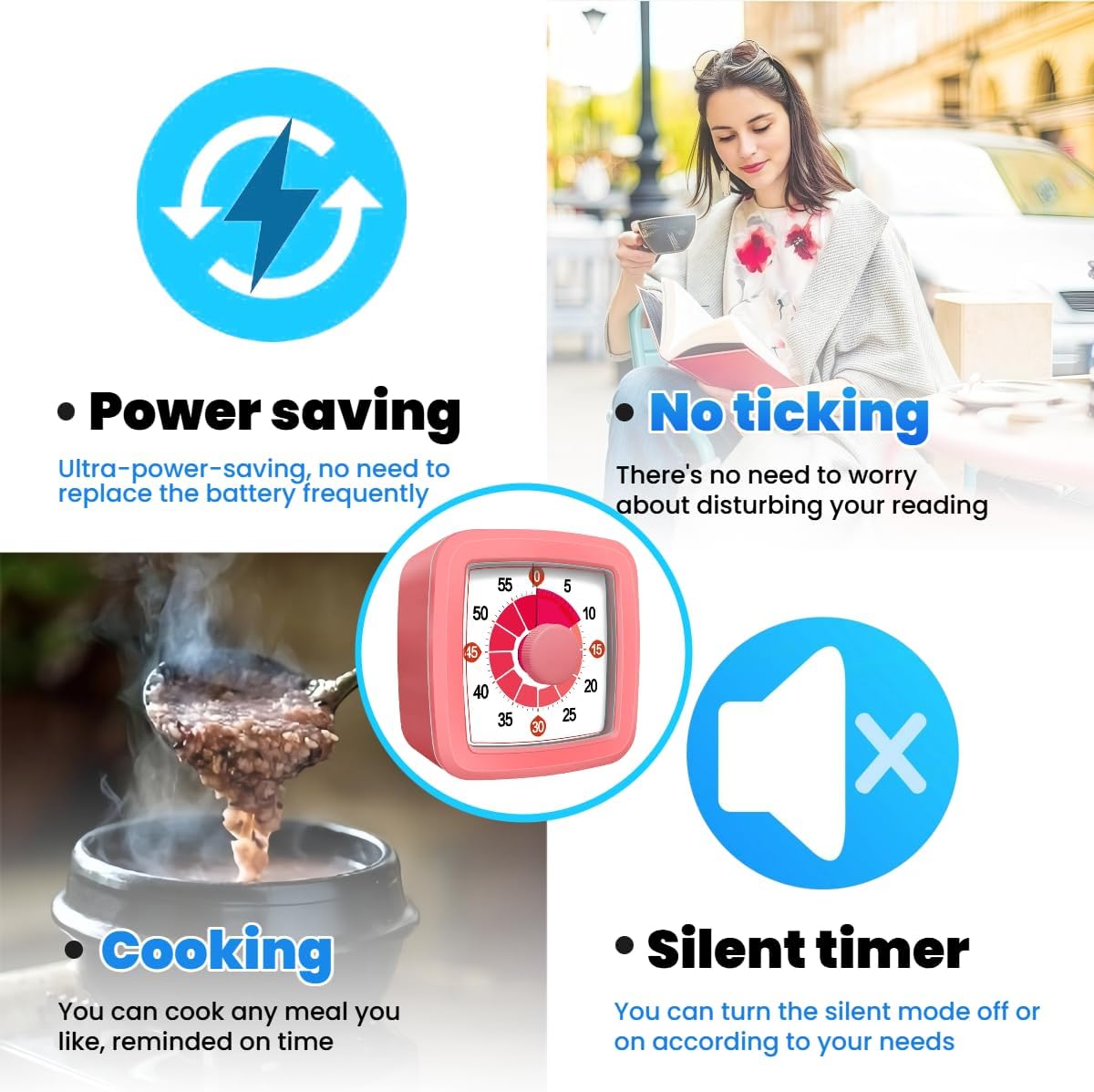 Visual Timer for Kids, 60-Minute Countdown Timer for Classroom Office Kitchen, Pomodoro Timer with Silent Operation，Time Management Tools with Colorful Pattern(White)