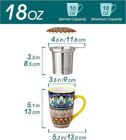 vancasso Ceramic Tea Mug with Infuser and Lid, 18 Ounce Bohemian Loose Leaf Cup, Microwave & Dishwasher Safe, Perfect for Tea, Coffee, Burnt-Cobalt Mandala