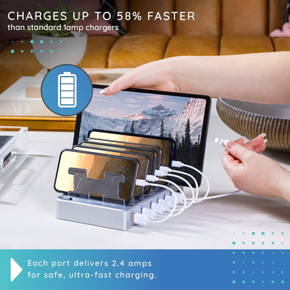 Fast Charging Station for Multiple Devices, 6-Port USB Charging Dock White