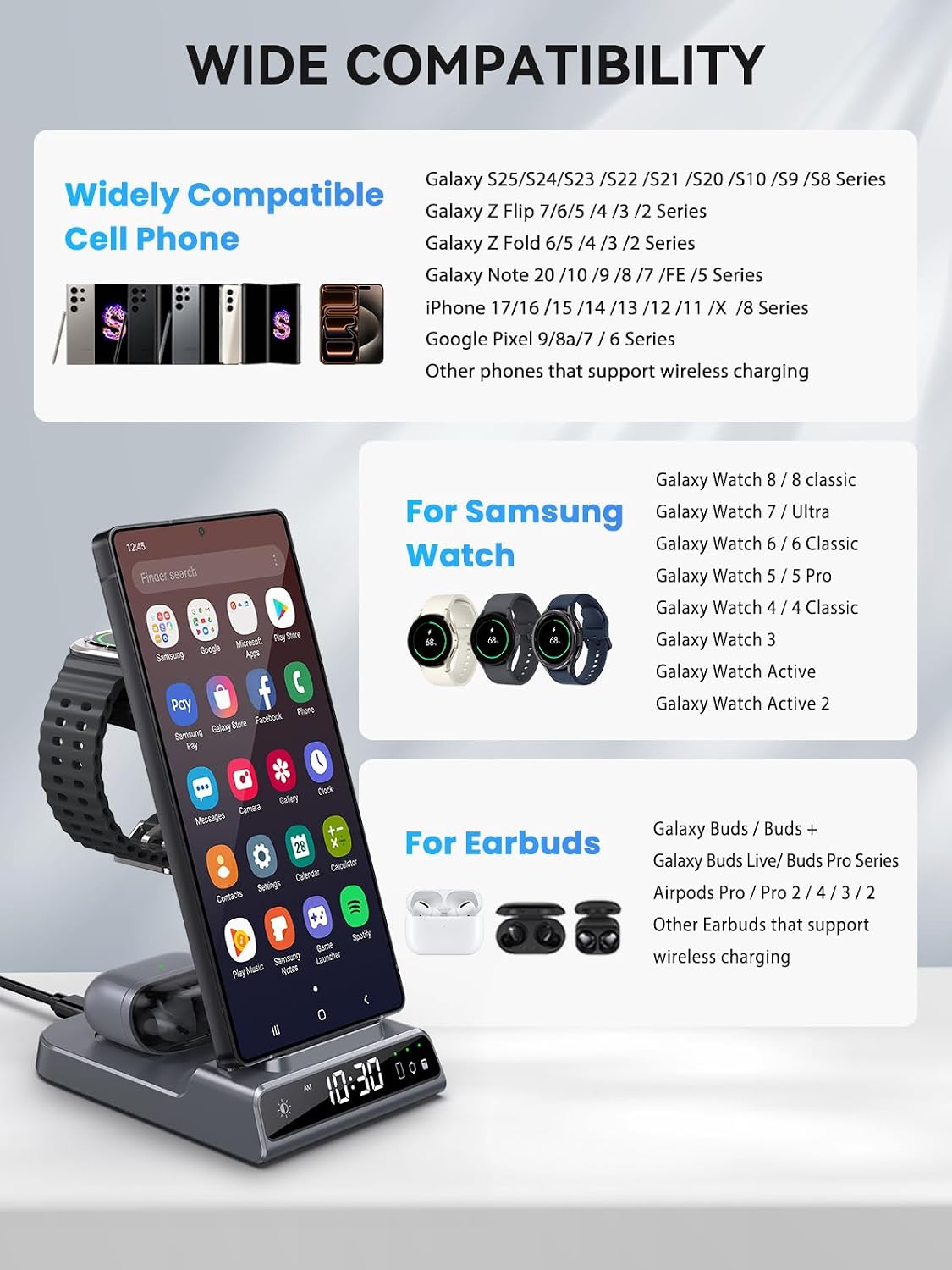 Wireless Charger for Samsung S25 with Clock 3 in 1 Android Charging Station