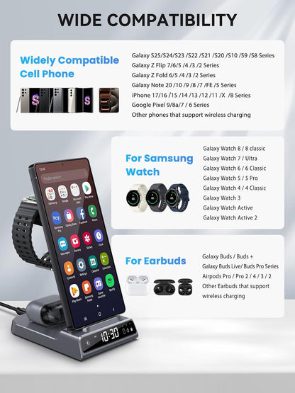 Wireless Charger for Samsung S25 with Clock 3 in 1 Android Charging Station