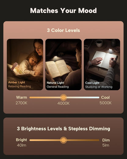 86lux Book Light, Rechargeable Clip-On LED Reading Light for Bed & Night Use - 3 Color Temperatures with Stepless Dimming, Ultralight Bookmark Design for Book Lovers, Grey