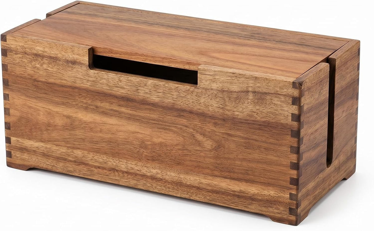 Donfri Acacia Wood Cable Box, Large Magnetic Cord Hider for Power Strips