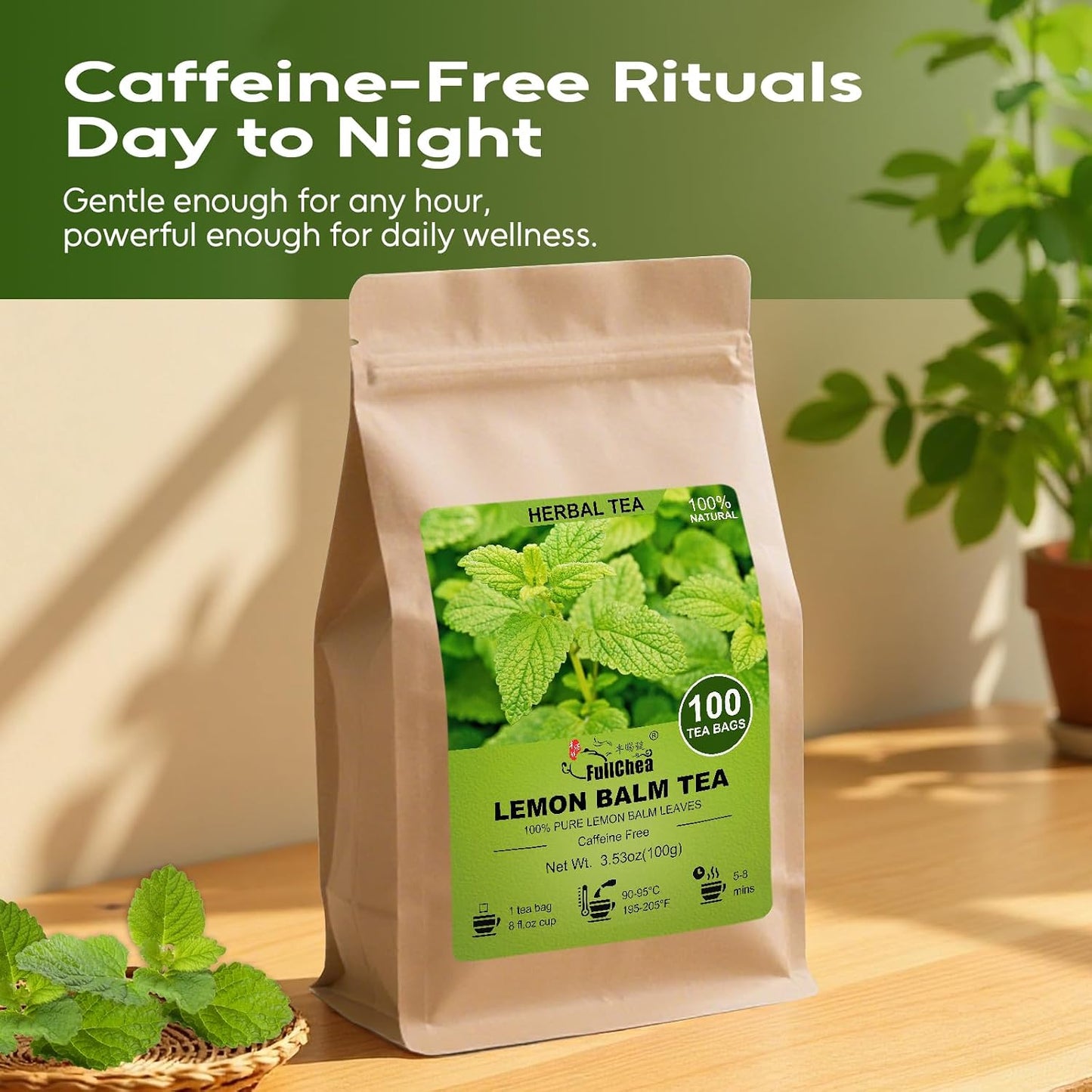 FullChea - Lemon Balm Tea Bags, 100 Count - Pure & Natural Dried Lemon Balm Leaves - Melissa Officinalis - Caffeine-free Herbal Tea for Relaxation - Non-GMO