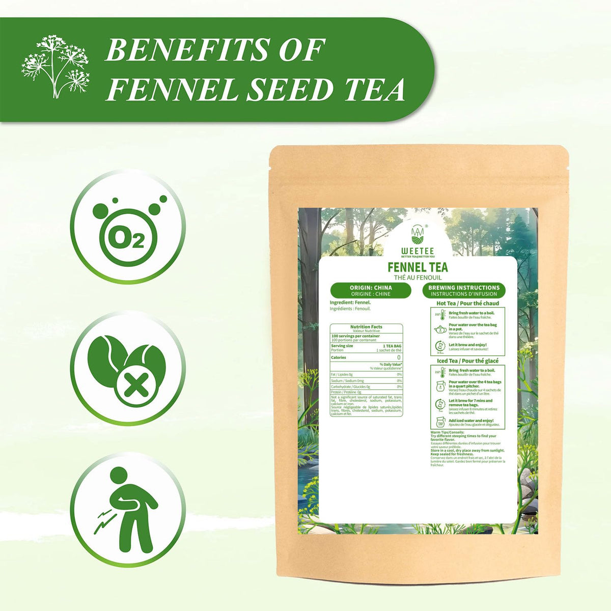 WT WEETEE Fennel Tea Bags 100 Count, 100% Natural & Pure Fennel Seeds Tea