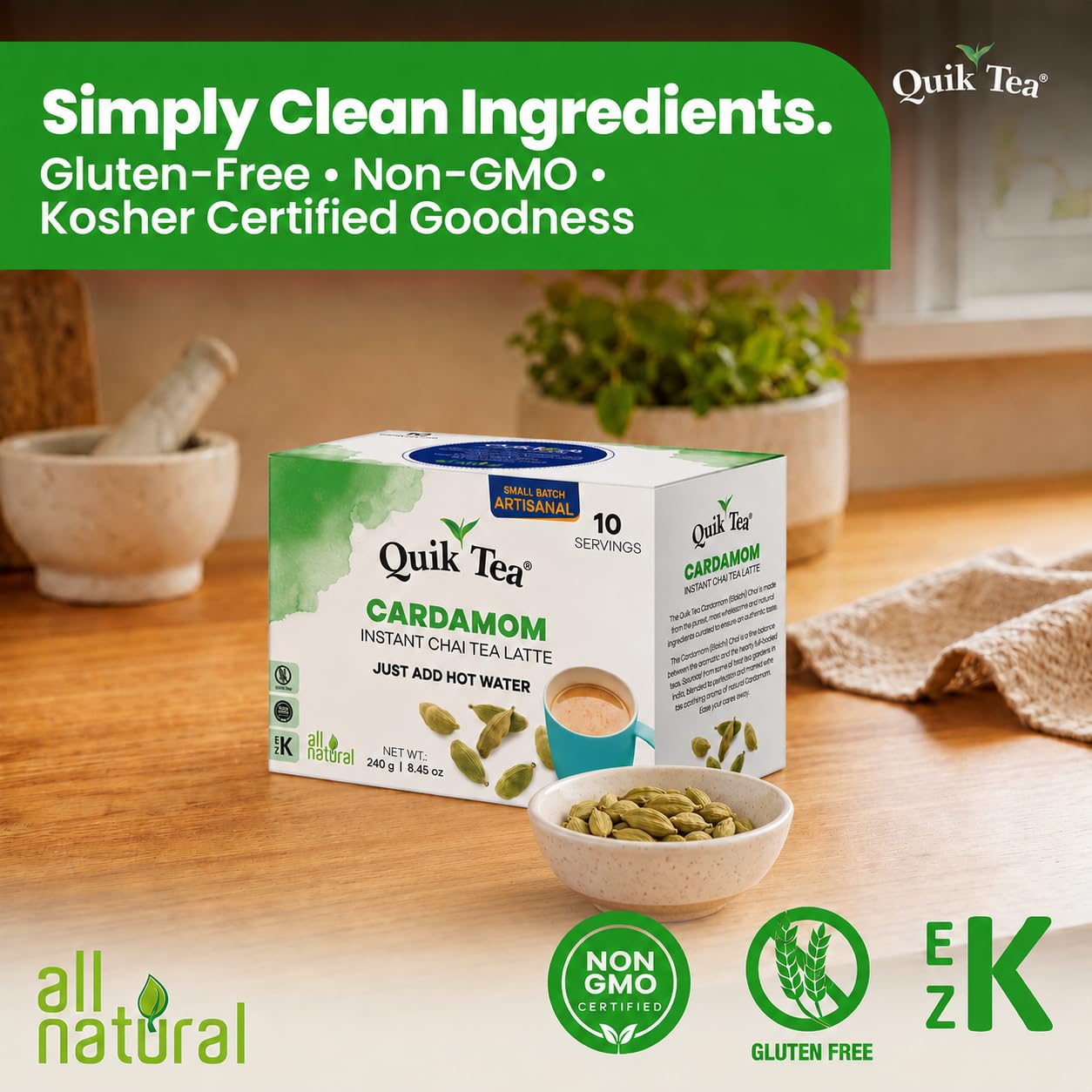 QuikTea Instant Cardamom Chai Tea Latte, 10 Single-Serve Sachets, Artisanal Indian Chai Latte Mix, Just Add Hot Water, Low Caffeine, Non-GMO, Gluten Free
