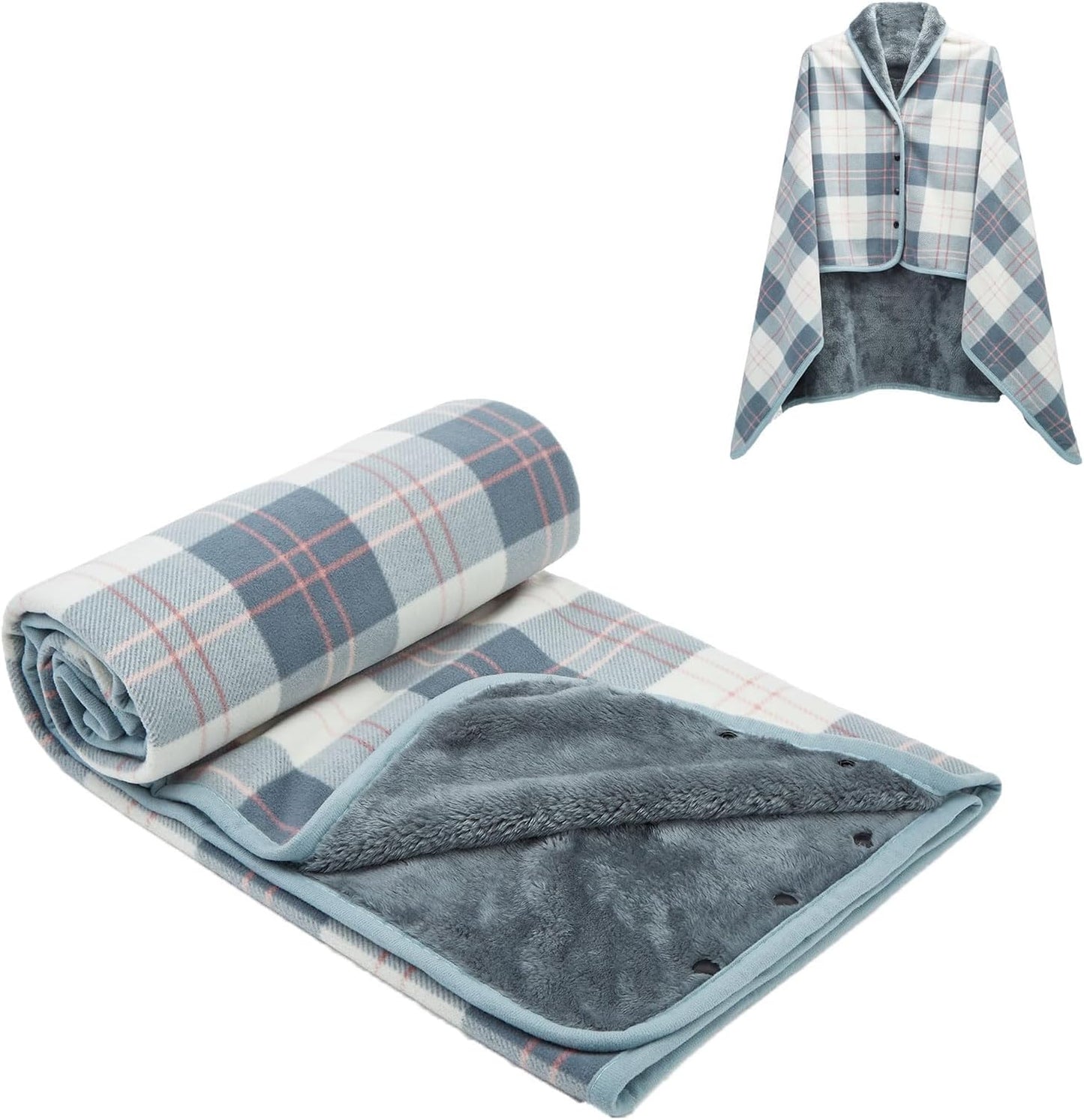 forestfish Fleece Wearable Blanket, Plaid Lap Blanket Comfy Poncho Throw with Buttons for Bed Sofa Office, Grey-White