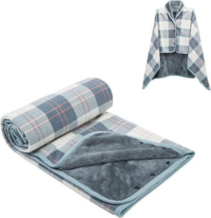 forestfish Fleece Wearable Blanket, Plaid Lap Blanket Comfy Poncho Throw with Buttons for Bed Sofa Office, Grey-White