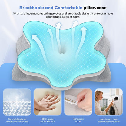 Cervical Neck Pillow, Ergonomic Memory Foam Pillow for Neck Pain Relief with Dual-Height Design, Breathable Cover, Neck Support for Side Back & Stomach Sleepers, Odorless White 1 pcs