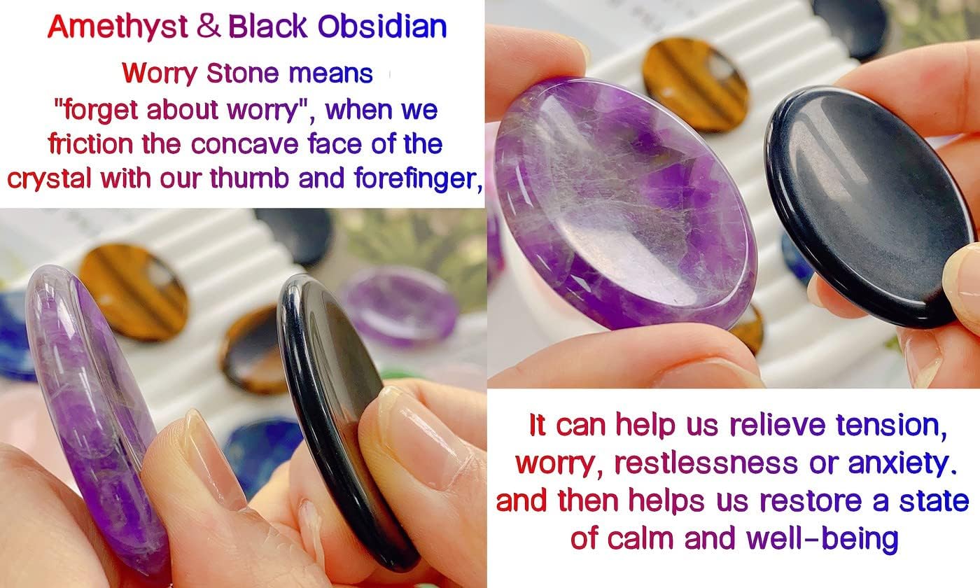 2PCS Worry Stone for Anxiety Tigers Eye Amethyst Healing Crystals Hand Thumb Stones Pocket Gemstones Meditation Accessories Oval Crystal Natural Relax Palm Stone Anxiety Relief Items Stocking Stuffers