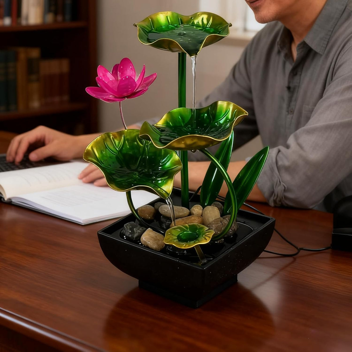 AOZITA Tabletop Fountain, Indoor Waterfall Fountain, Small Home Décor Zen Relaxation Soothing Sound Machine for Office, Living Room, or Bedroom,Blue Metal Lotus with Bud, River Rocks,Round LED