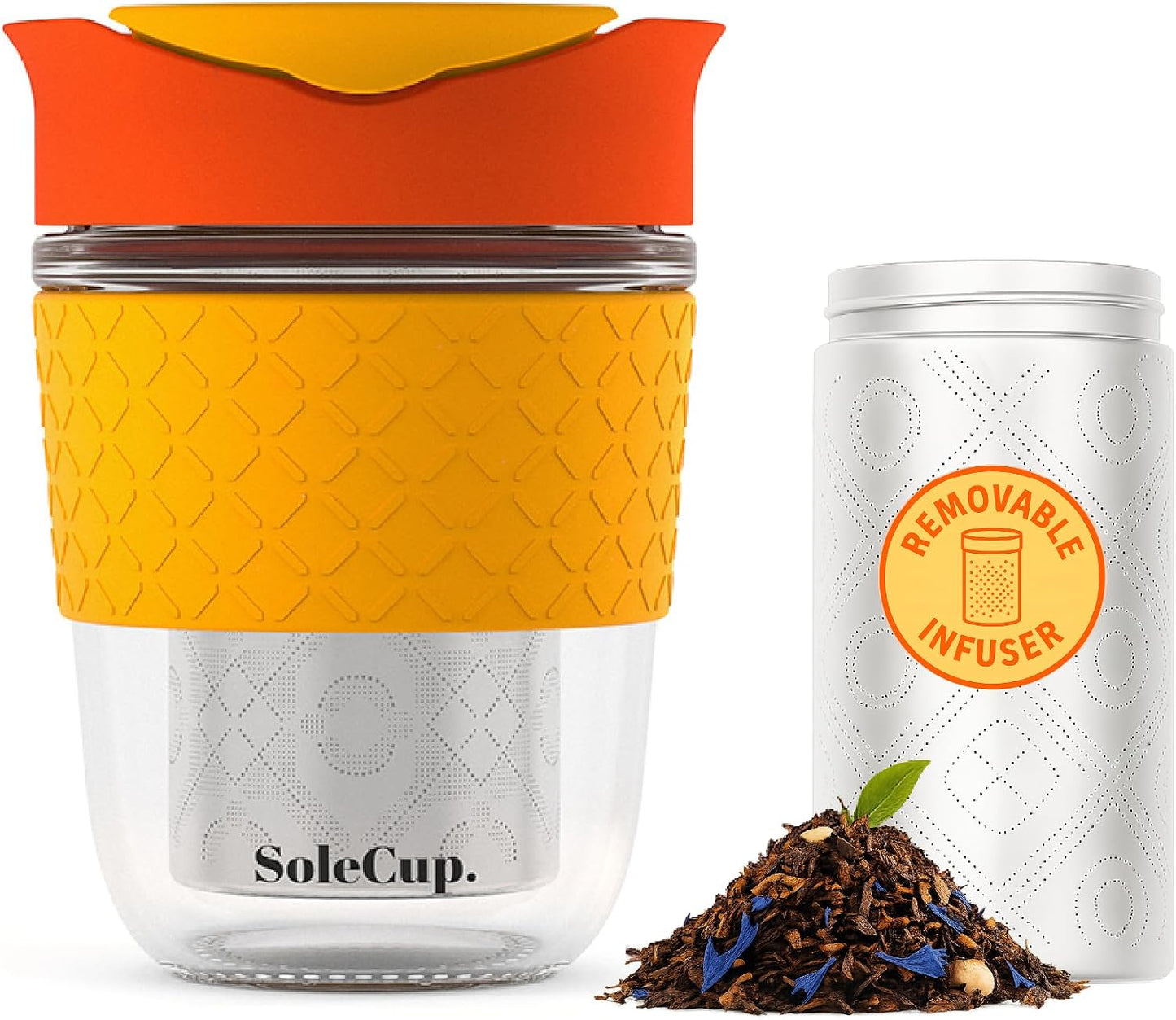 Large Travel Mug Loose Tea Infuser - Detachable Tea Strainer with Spill Proof Lid - 18oz/530ml BPA-Free Reusable Glass Travel Coffee Cup with Silicone Band (Ice Cream, 18oz)