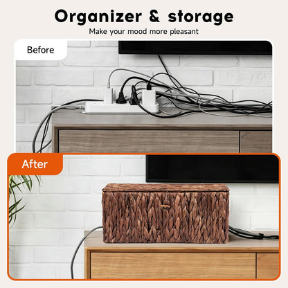 Posprica Cable Management Box with Lid, 2Pack Handwoven Real Water Hyacinth Cord Hider Organizer Boxes, 2 Side Open Slots Storage Box to Hide Cords Power Strip for Desk, Floor, Office