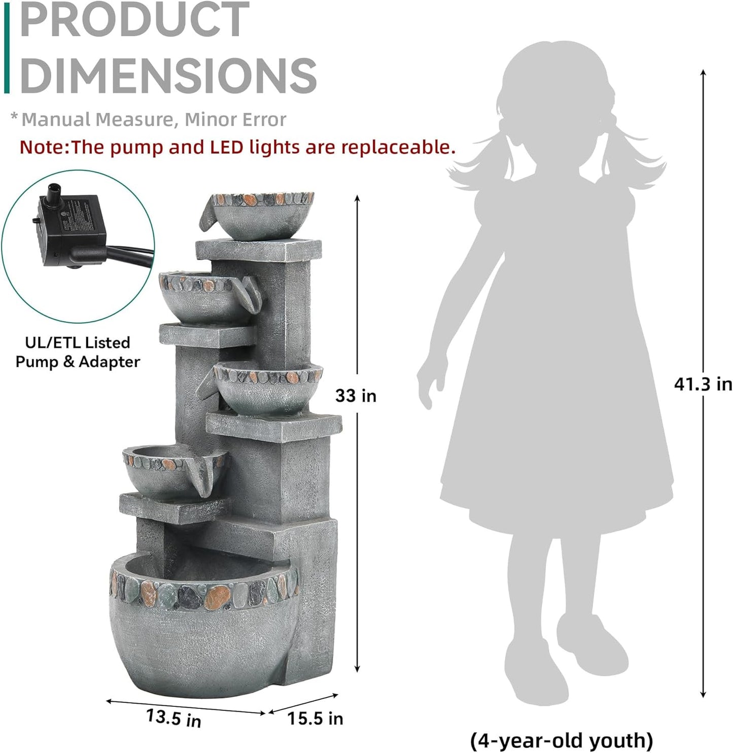 19.5" H 4-Tier Indoor & Outdoor Water Fountain with LED Lights | Resin Pebble Textured Tabletop Cascading Water Feature, Relaxing Decor for Patio, Porch, Deck, Yard & Home