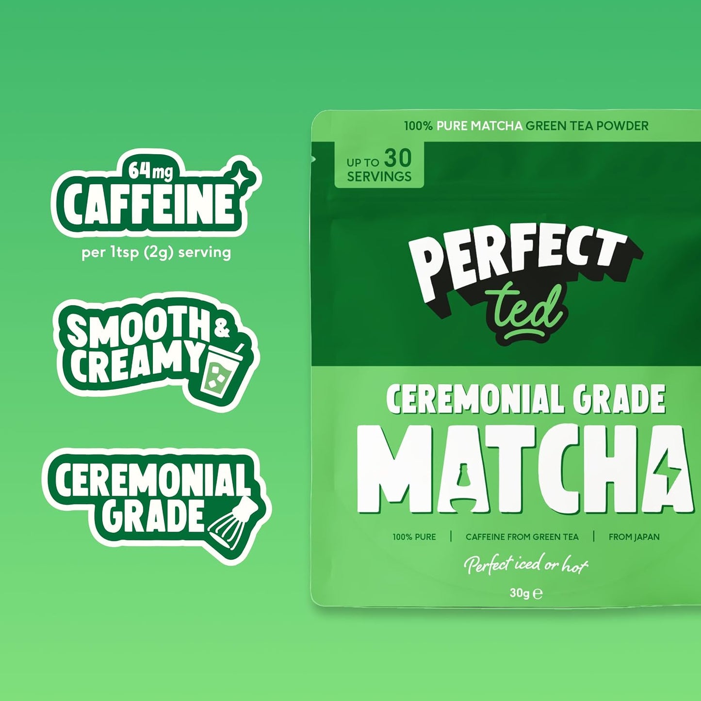 PerfectTed Matcha Powder, Ceremonial Grade Japanese, 30g (30 Servings), Perfect for Lattes & Smoothies | Premium Matcha Fuel | with L-Theanine | Antioxidants | Vegan | Gluten-Free