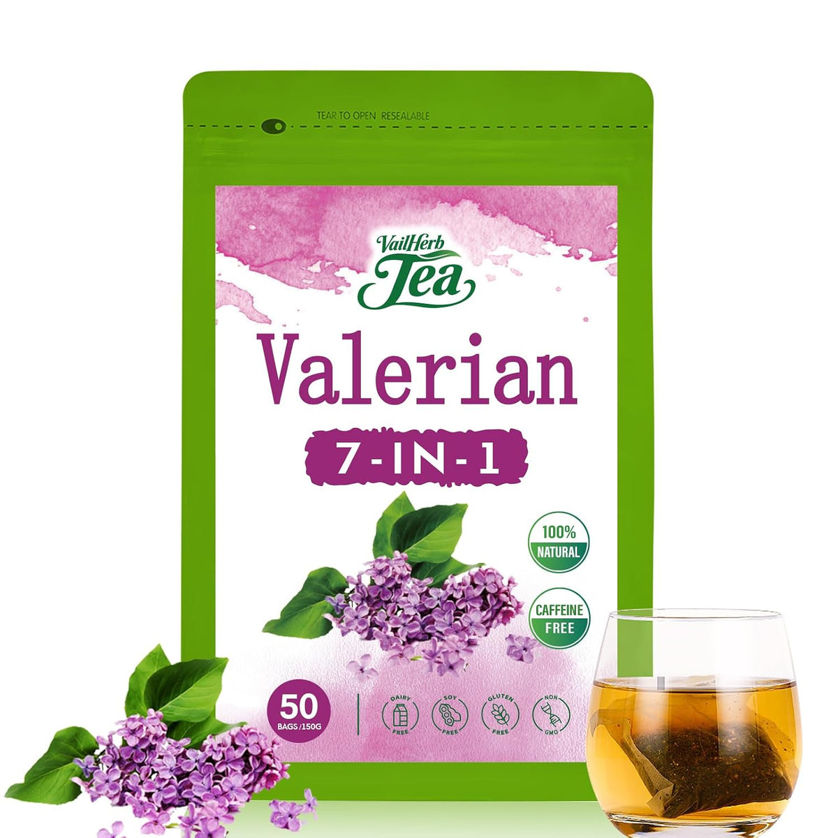 VailHerbTea Valerian Root Tea for Sleep, Relaxation & Mood Balance, 7-in-1 Valerian Tea w/Passion Flower & Reishi, Caffeine Free, 50 Tea Bags