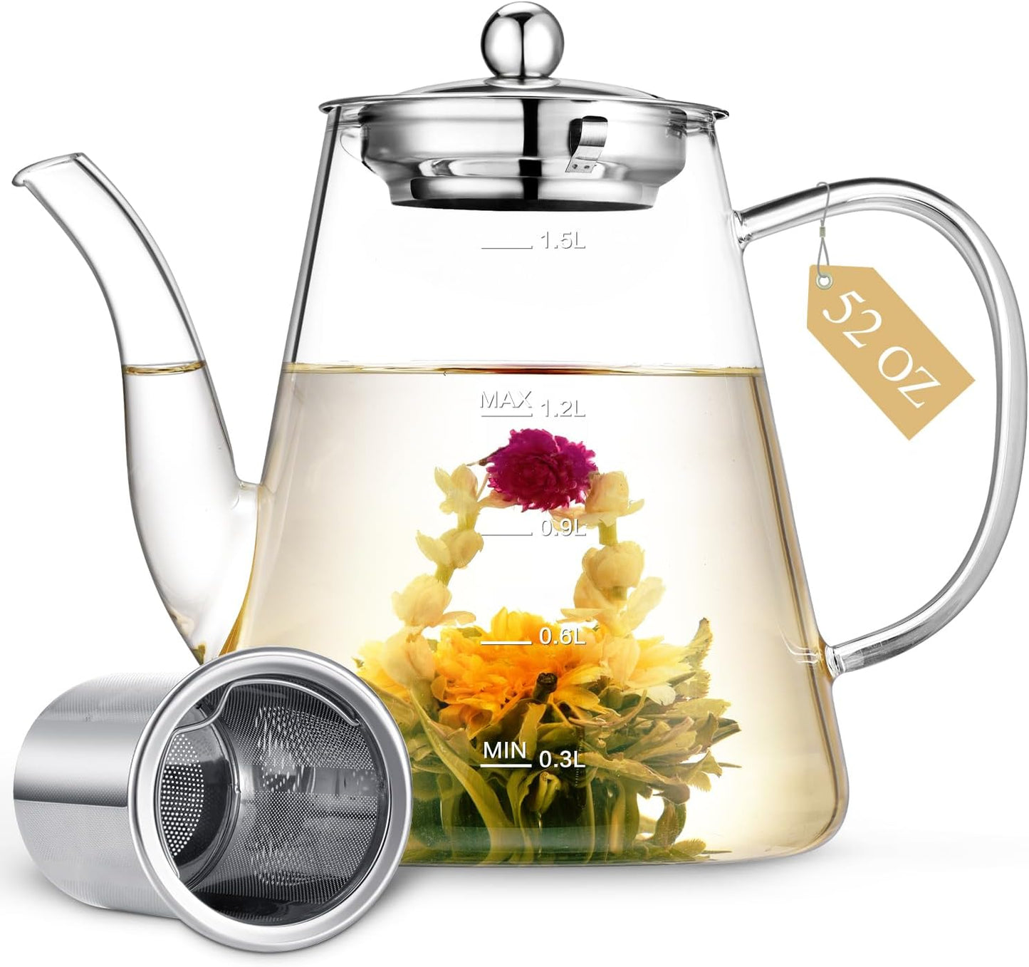 Glass Teapot, 1200ml (40oz) Tea Pot with Infuser for Loose Tea and Blooming Tea, Stovetop Safe Tea Kettle, Hand Crafted Borosilicate Glass Tea Maker with Scale Line, Tea Gift Set for Tea Lovers