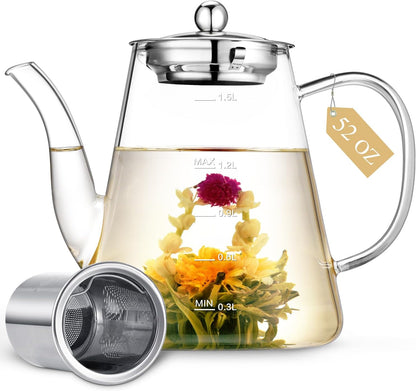 Glass Teapot, 1200ml (40oz) Tea Pot with Infuser for Loose Tea and Blooming Tea, Stovetop Safe Tea Kettle, Hand Crafted Borosilicate Glass Tea Maker with Scale Line, Tea Gift Set for Tea Lovers
