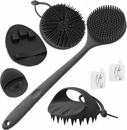 Manmihealth Silicone Back Scrubber & Soft Bath Glove, Silicone Scalp Massager Set 5 PCS, Super-Exfoliating Body Scrubber Shower Brush & Shampoo Brush Combination, with 2 Free Hooks (Style 1 Black)