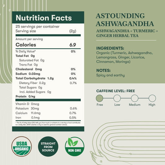 Luxmi Estates Ashwagandha Turmeric | Organic Adaptogen Tea with Ashwagandha, Turmeric, Ginger, Lemongrass, Licorice & Moringa, Caffeine-Free | 25 Biodegradable Tea Bags | 50g/1.76oz