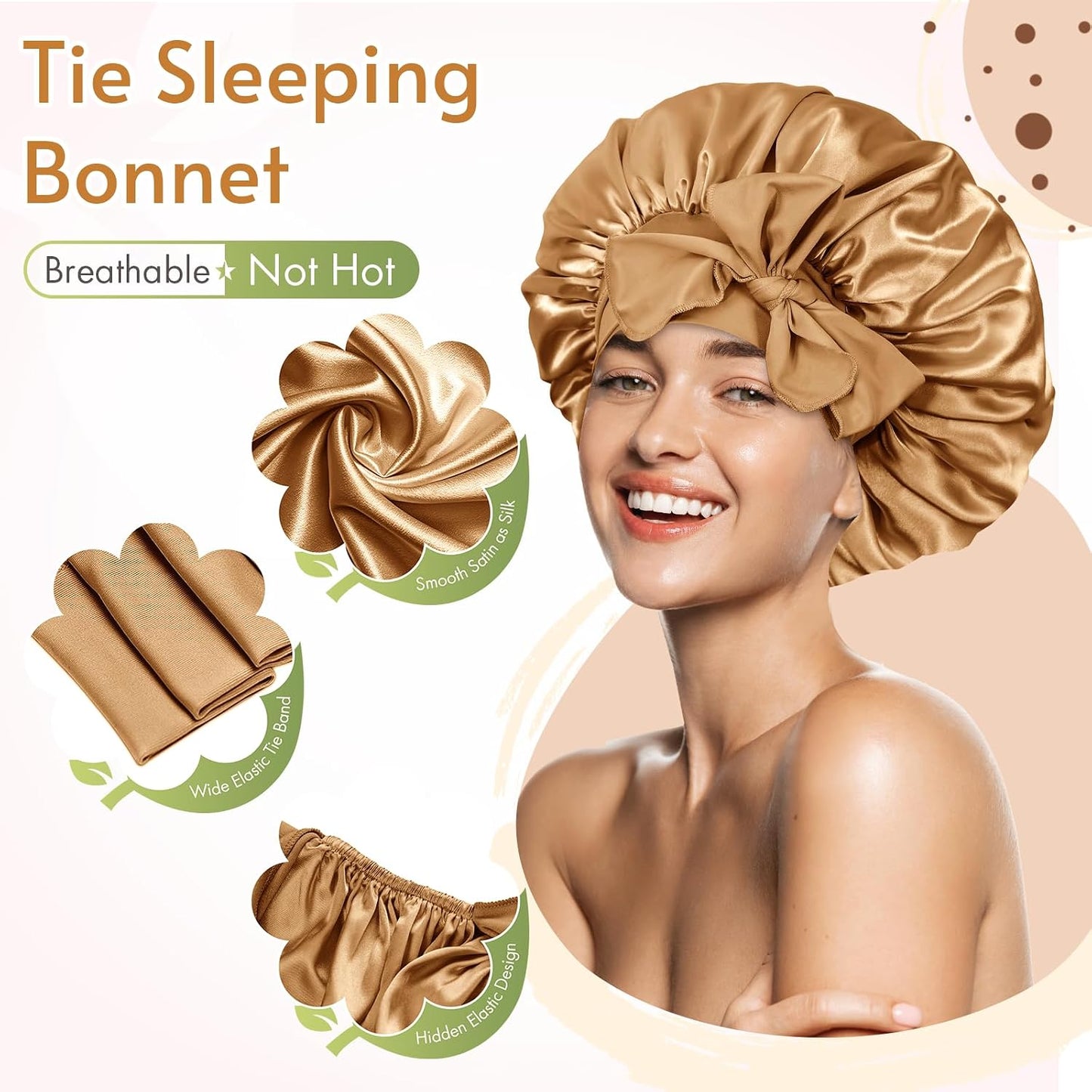 BONNET QUEEN Silk Bonnet for Sleeping for Women Satin Bonnet Night Cap for Curly Hair with Tie Band, Single Layer, Cream Pink