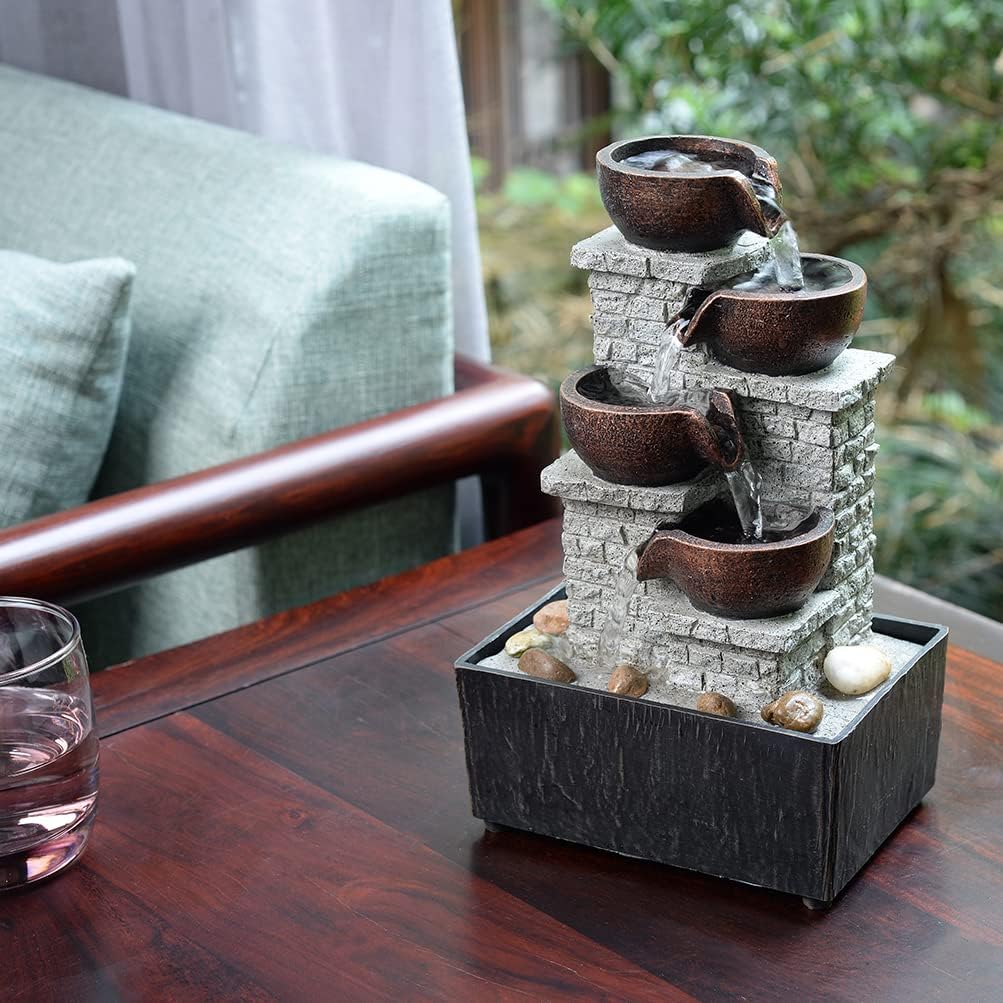 Kalona Indoor Tabletop Water Fountain – 3-Tier Resin Waterfall with LED Lights, Mini Bonsai Planter & Cascading Water Flow – Soothing Desk Fountain for Home, Office, Meditation Decor(22024)