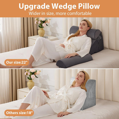 BIEEZZK Wedge Pillow Set for After Surgery, Wedge Pillow for Acid Reflux, Bed Wedge Pillow with Adjustable 9&12inch for Headboard,Sleeping, Orthopedic Memory Foam for Neck&Back Support, White/Grey