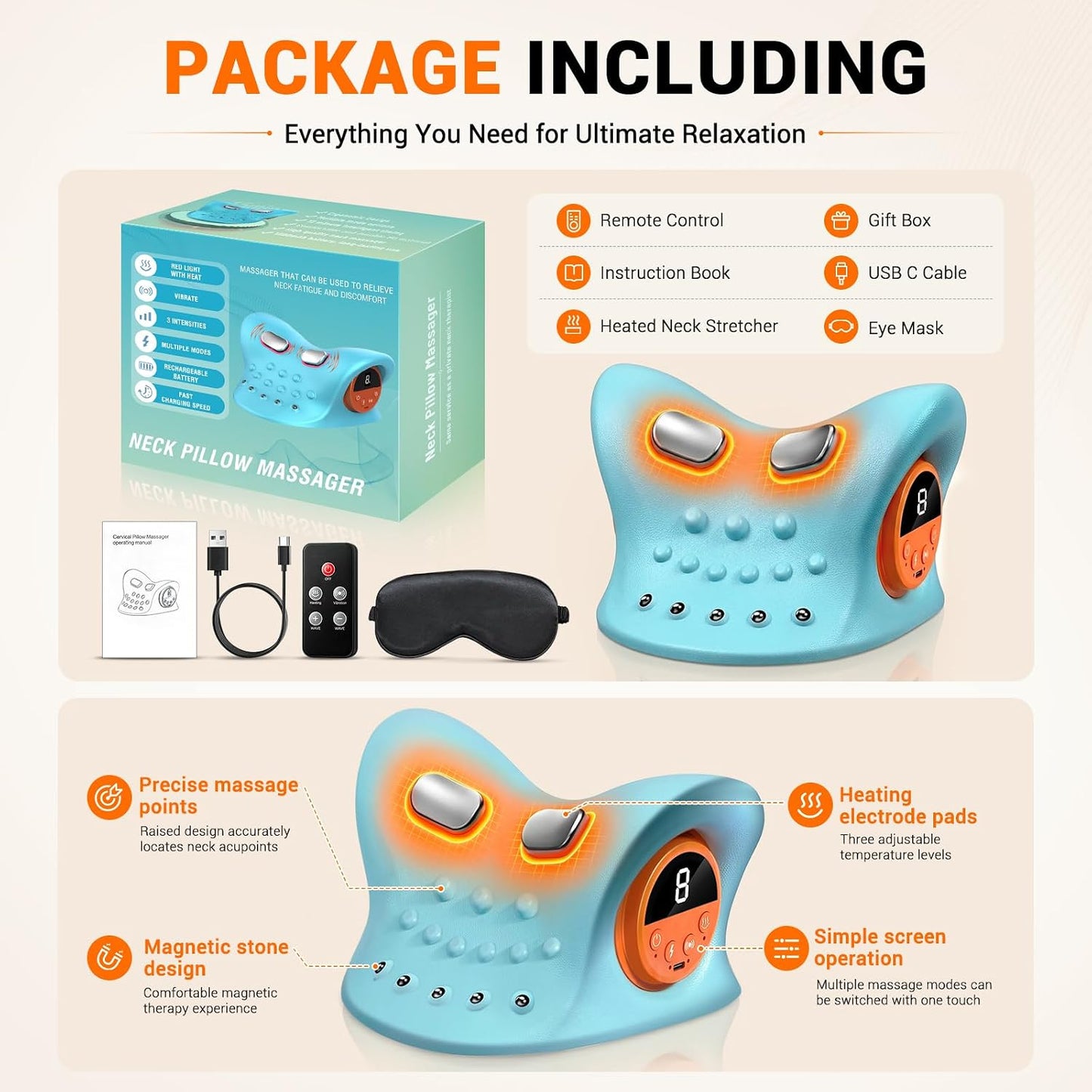 Neck Massager Pillow 2026 Upgraded 4-in-1, Multi-Directional Stretch Massage Pillow with Heat & Vibration, Ergonomic C-Shape Portable Massager for Neck, Shoulder, Back, Use at Home, Office