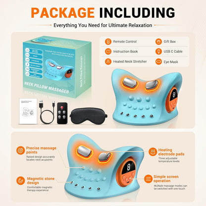 Neck Massager Pillow 2026 Upgraded 4-in-1, Multi-Directional Stretch Massage Pillow with Heat & Vibration, Ergonomic C-Shape Portable Massager for Neck, Shoulder, Back, Use at Home, Office