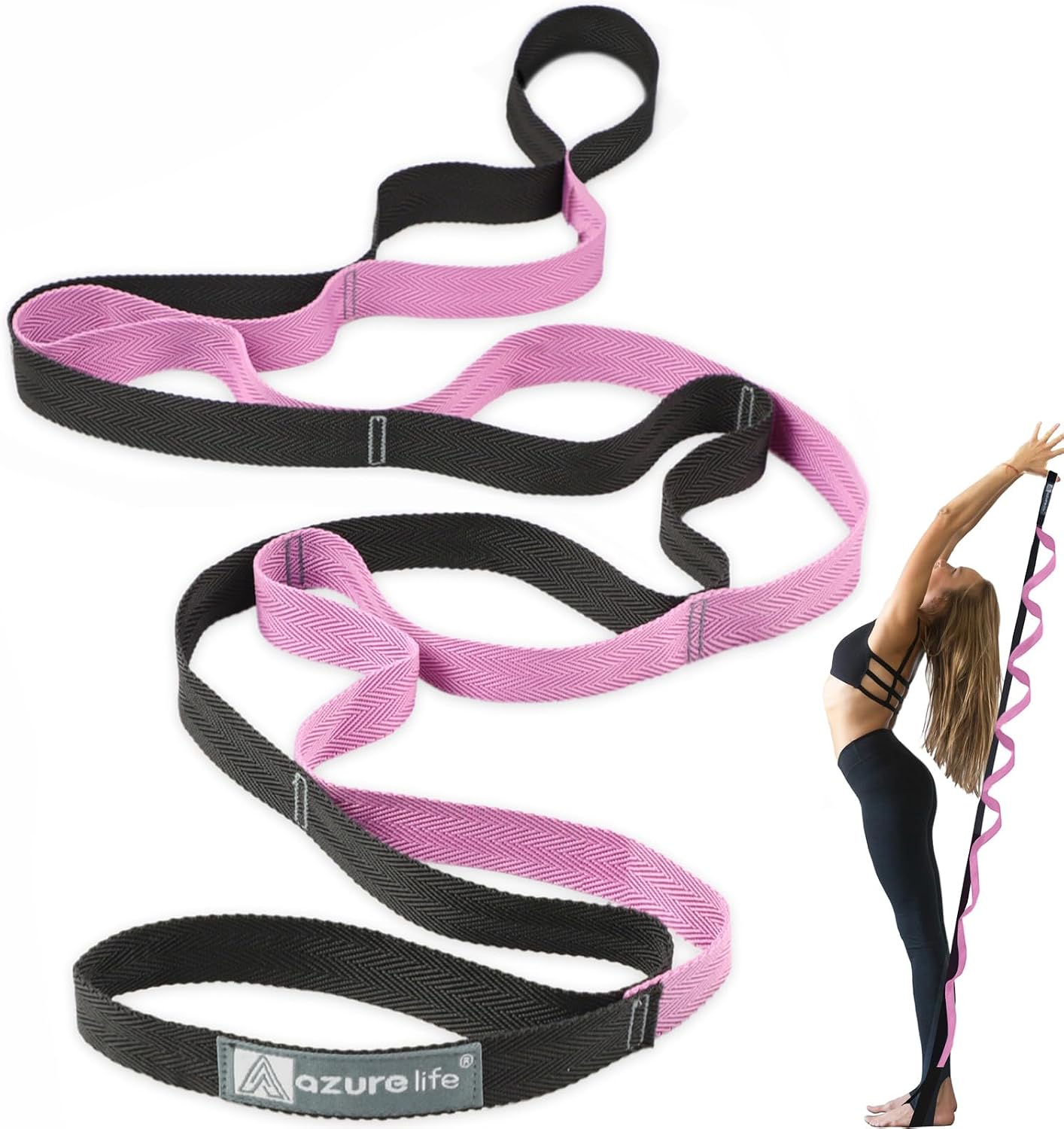 A AZURELIFE Premium Durable Stretch Straps with Loops, Stretching Strap for Physical Therapy, Multi-Loop Yoga Strap Fitness Exercise Strap for Yoga, Pilates, Dance, Flexibility&Exercise