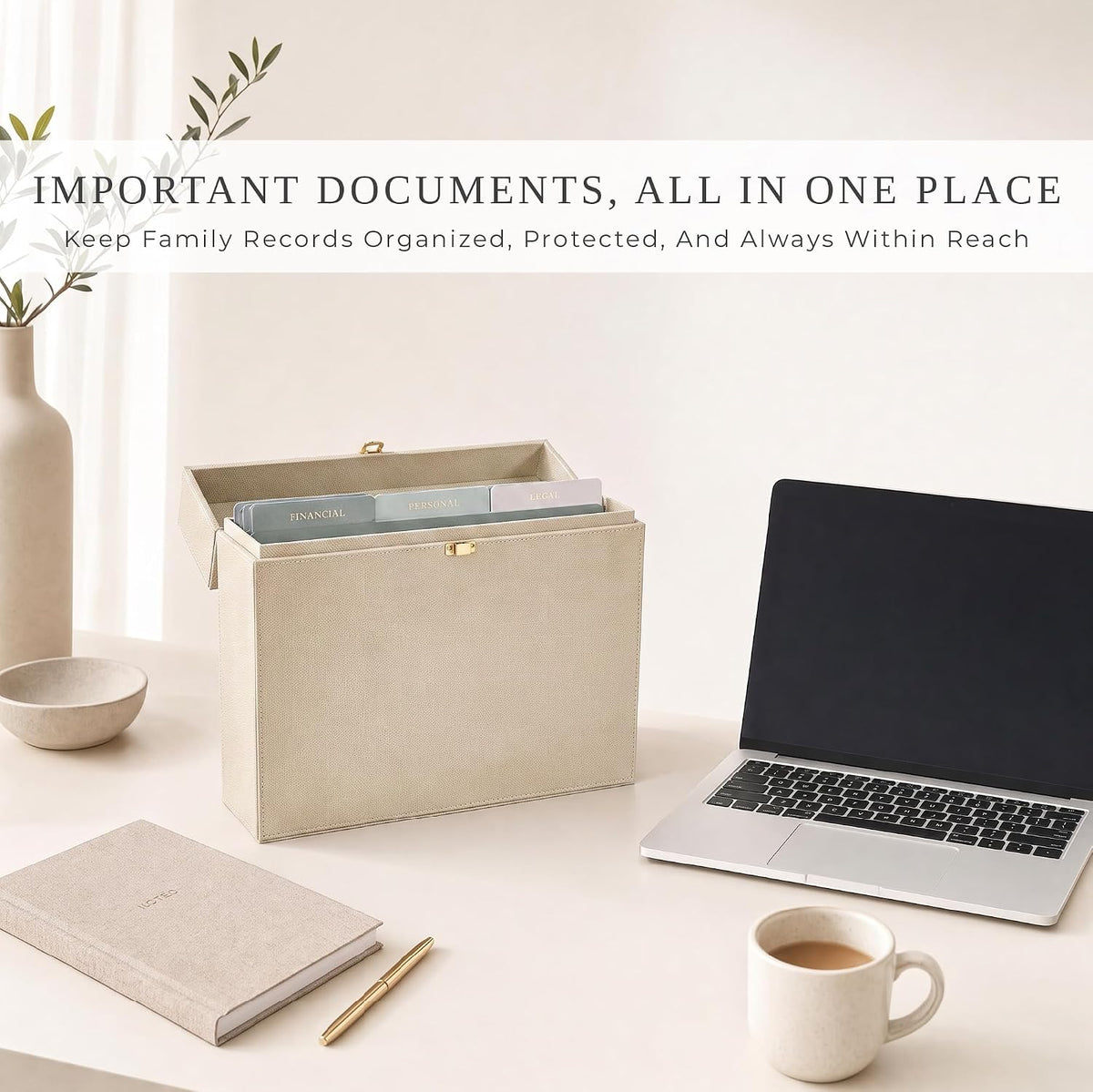 Aesthetic Document Organizer Box with 8 Folders - PU Leather File Organizer