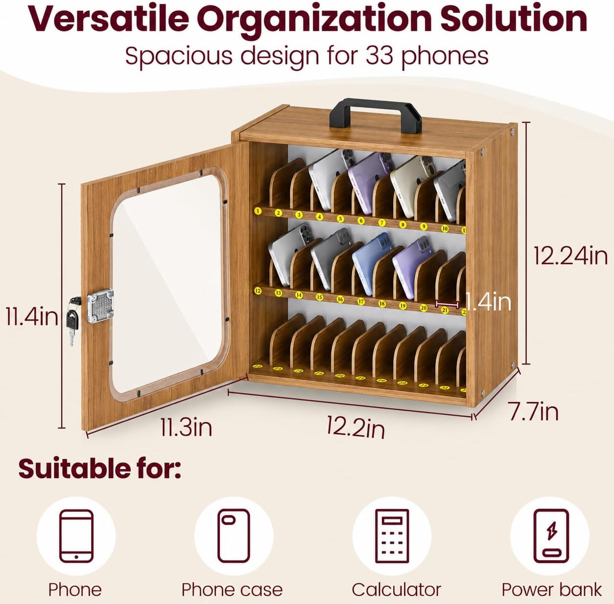 Cell Phone Caddy for Classroom, Adjustable 33 Slots Phone Locker Box for School Home Office Management Easy Assembly Wooden Cellphone Storage Cabinet for Teacher