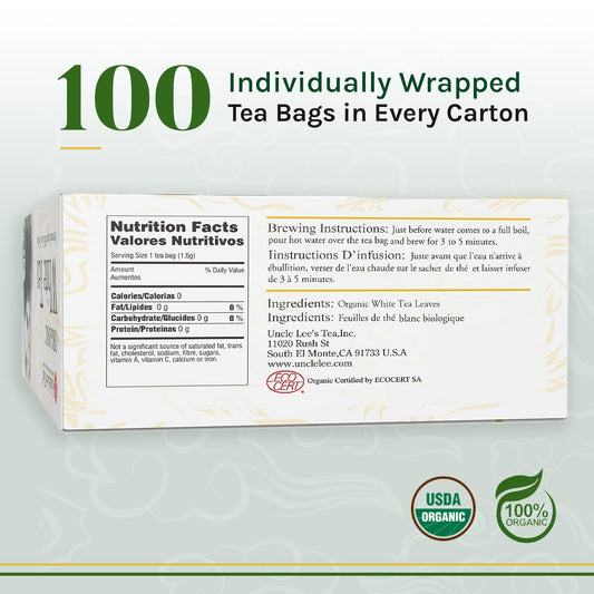 Uncle Lee’s Organic White Tea - Premium Tea for Everyday Wellness, Low Caffeine, Antioxidant-Rich White Tea Bags, Individually Wrapped, 100 Count
