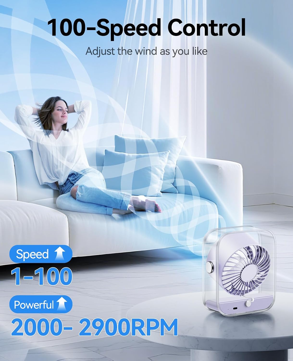 KIMMOO Rechargeable USB Desk Fan, Quiet Table Fan with Turbo Airflow, 100 Speeds, Digital Display, 90° Rotating, Small Battery Desktop Fans for Bedroom Home Office Travel, Black