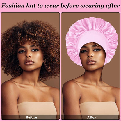 4PCS Silk Satin Bonnets for Black Women & Men - Elastic Wide Band Hair Wrap Cap for Curly Hair - Shower Cap for Sleeping (Black, Peacock Blue, Pink, Khaki)