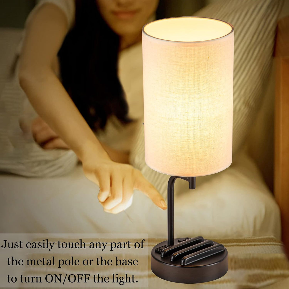 Dreamholder Touch Control USB Table Lamp, Upgraded 3-Way Dimmable Bedside Desk Lamp with USB C & A Charging Ports and AC Outlet, Nightstand Lamp for Bedroom, Dimmable 9W LED Bulb Included