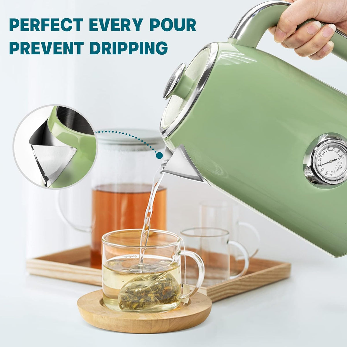 SUSTEAS 57oz Electric Kettle with Thermometer, Hot Water Pot, Retro Green