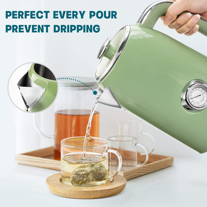 SUSTEAS 57oz Electric Kettle with Thermometer, Hot Water Pot, Retro Green