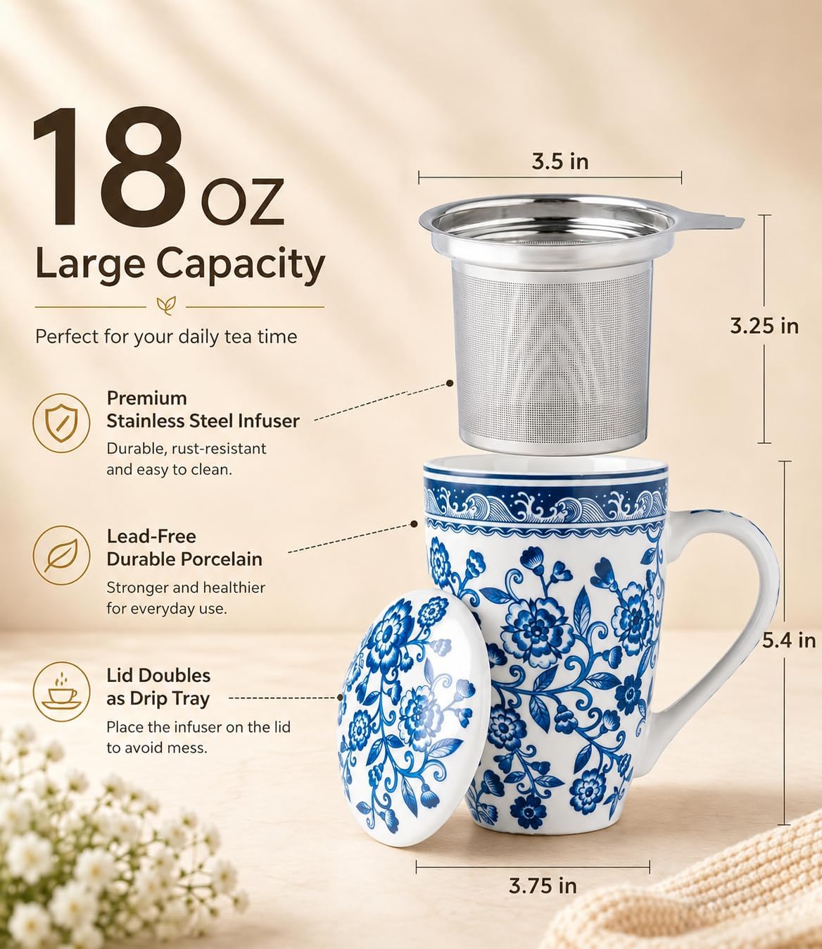 AmorArc 18oz Porcelain Tea Mug with Infuser & Lid, Loose Leaf Tea Cup with Stainless Steel Strainer, Large Coffee Mug Gift for Women, Tea Lovers, Home & Office