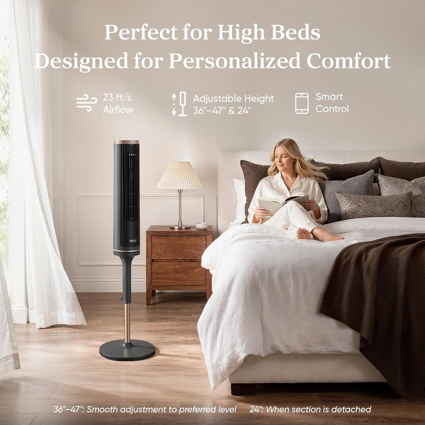 LEVOIT Tower Fan for Bedroom, Standing Fan with 36”-47” Adjustable Height, 90° Oscillating Room Fan, 28dB Quiet for Sleep, 23 ft/s Velocity, 5 Speeds 4 Modes, 12H Timer, Remoter, for Home, White