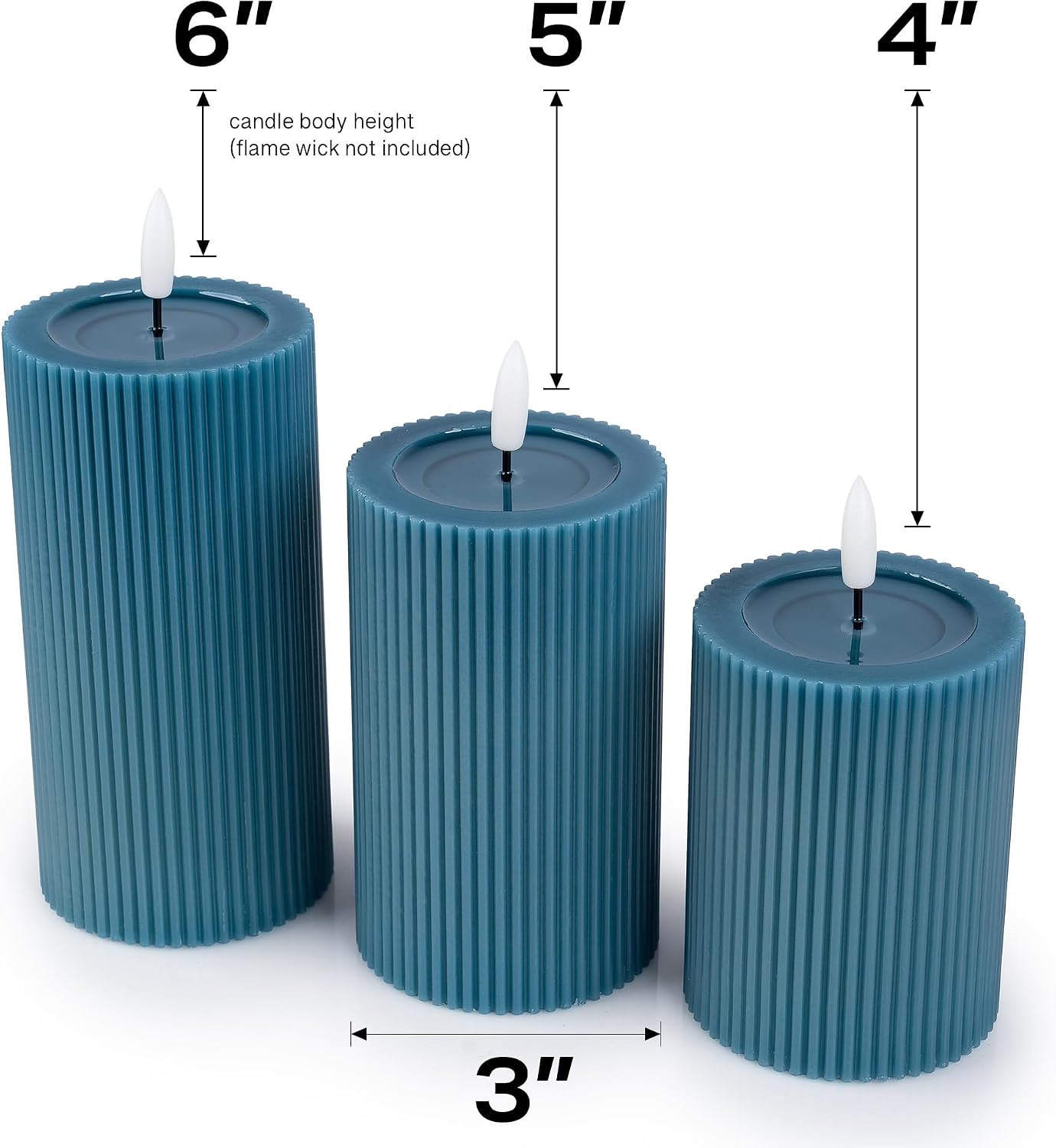 Ribbed Fluted Real Wax Flameless LED Pillar Candles, Loden Sage Olive Green, Melted-Wax Top Look, Flickering Flame, Battery Operated, Remote & Timer, Shelf & Wedding Decor (Set of 3)