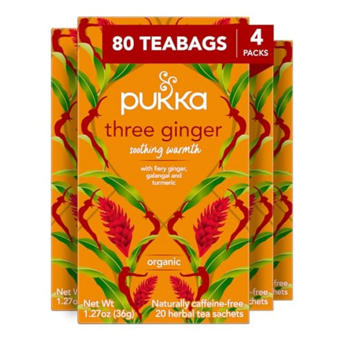 Pukka Three Ginger Organic Herbal Tea Bags 4-Pack Caffeine Free Digestive Wellness Infusion with Turmeric Galangal Licorice for Digestion and Bloating Relief