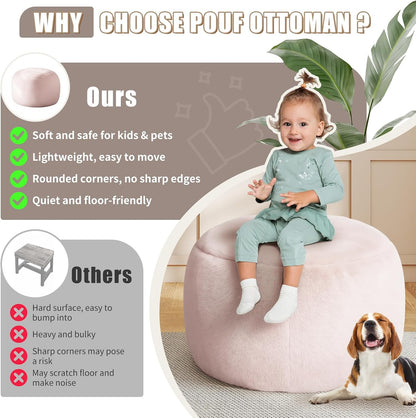 Round Stuffed Pouf Ottoman Foot Rest, Faux Fur Poufs with Memory Foam Filling, Ottomans for Living Room, Nursery, Dorm, Soft Foot Stool Ottoman for Couch, Perfect for Resting Your Feet (Grey, 20 Inch)