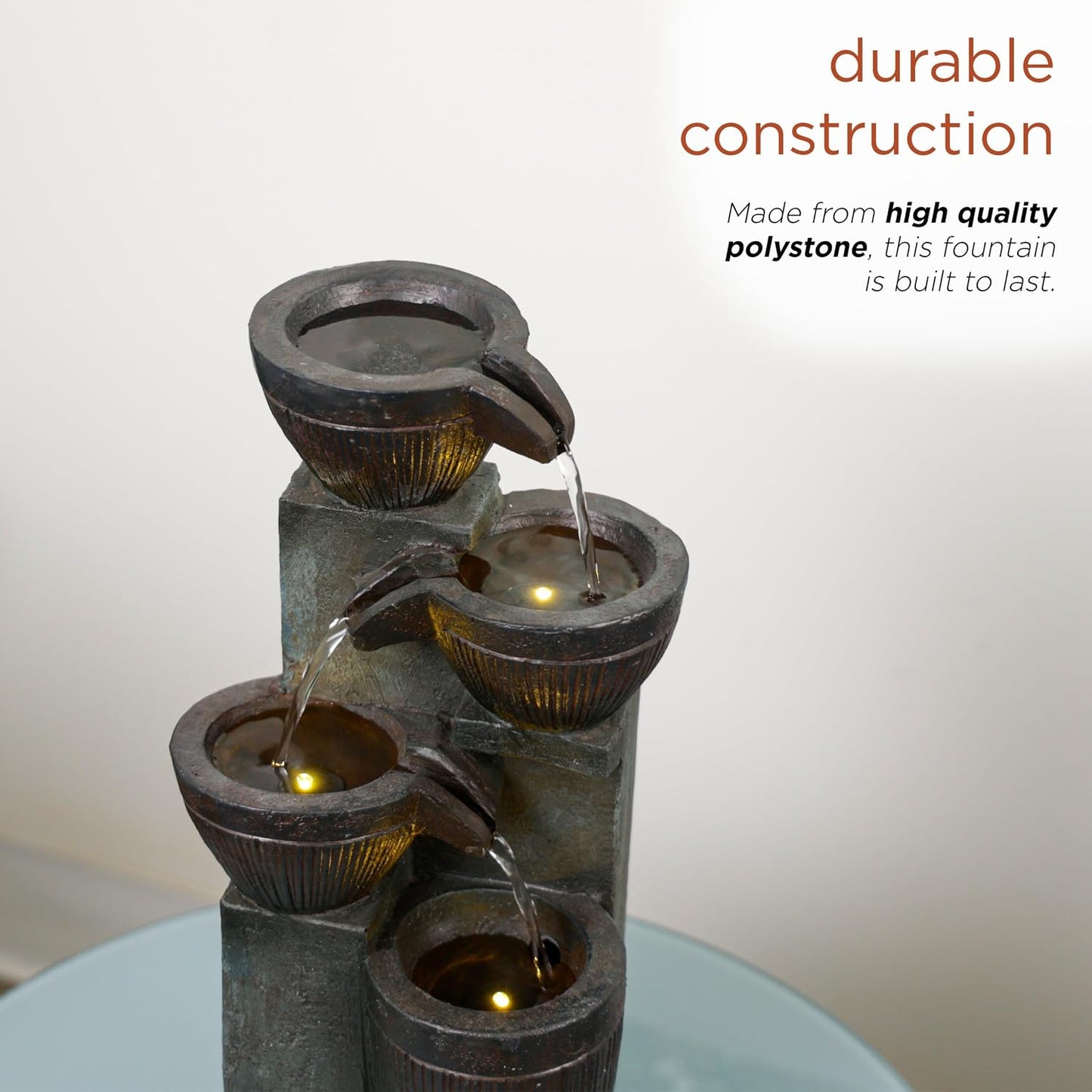Alpine Corporatio 14" Tall Stoned Jar Cascading Water Fountain with LED Lights, Elegant Tabletop Water Feature for Home, Office, Living Room, and Bedroom Decor, Gray