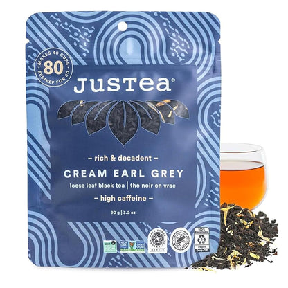 JusTea CREAM EARL GREY Loose Leaf Black Tea, 40+ Cups Pouch, 4/5 Caffeine