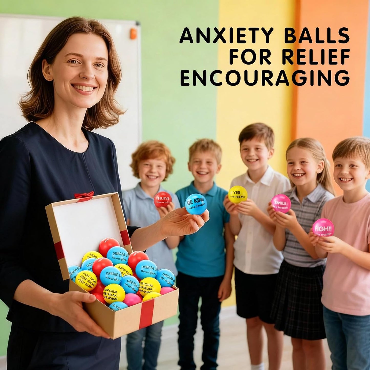 Liliful 100 Pcs Motivational Stress Balls Bulk Inspirational Squeeze Balls for Adults Anxiety Relief Fidget Toys Office Employee Gifts Classroom Rewards 2.2 Inch (Bright Colors)